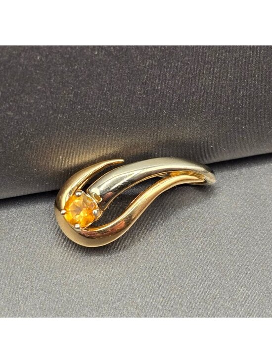 14k Yellow Gold Citrine Pendant Sculptural Ribbon Statement Charm Signed KK - Picture 14 of 14